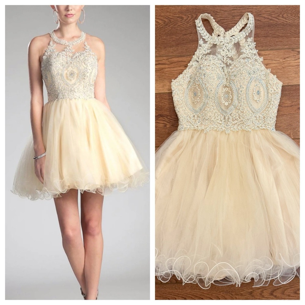 Women's‎ Tulle Beaded Lace Dress SMALL Party Mini Sheer Back Foryoudress Ivory